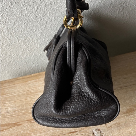 Chocolate Brown Leather Kiss Lock Bag with Gold Accents - Picture 6 of 11